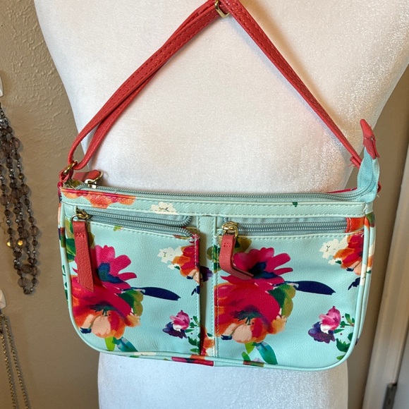 Blue and Coral Floral Shoulder Bag - Picture 2 of 7